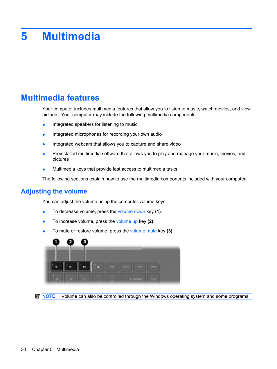 Multimedia, Multimedia features, Adjusting the volume | 5 multimedia, 5multimedia | HP Envy 15-1002xx Notebook PC User Manual | Page 40 / 112