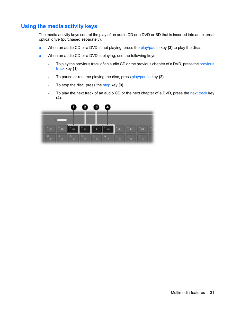 Using the media activity keys | HP Envy 15-1002xx Notebook PC User Manual | Page 41 / 112