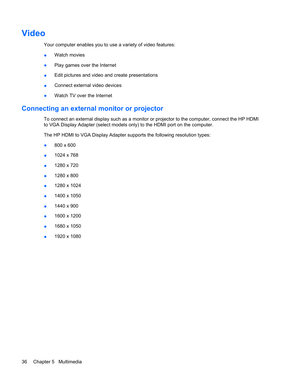 Video, Connecting an external monitor or projector | HP Envy 15-1002xx Notebook PC User Manual | Page 46 / 112