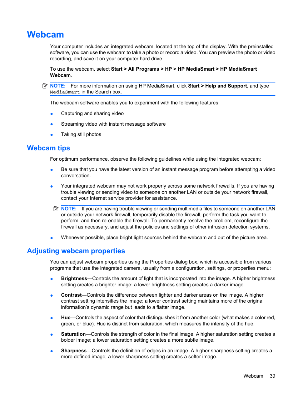 Webcam, Webcam tips, Adjusting webcam properties | Webcam tips adjusting webcam properties | HP Envy 15-1002xx Notebook PC User Manual | Page 49 / 112