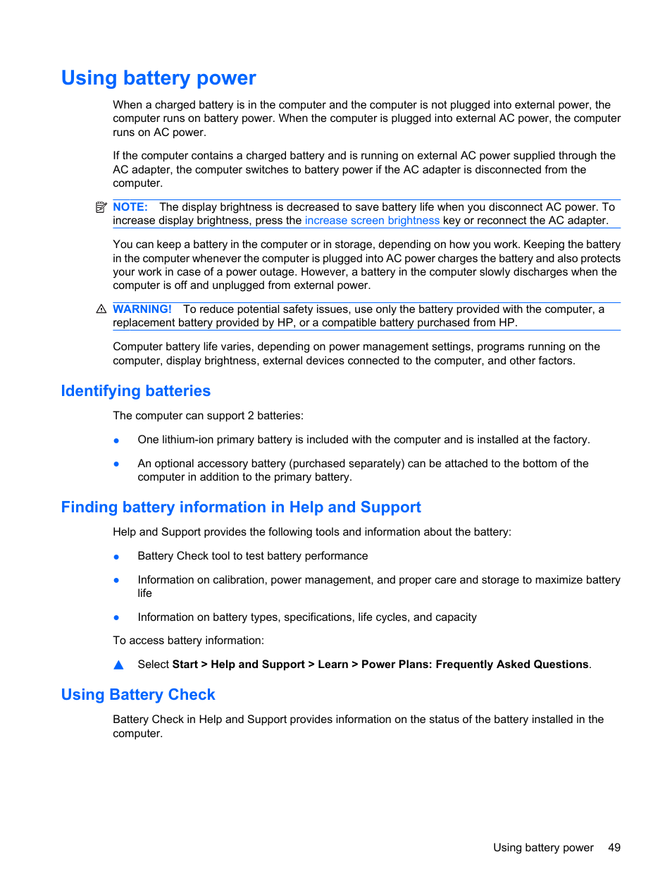 Using battery power, Identifying batteries, Finding battery information in help and support | Using battery check | HP Envy 15-1002xx Notebook PC User Manual | Page 59 / 112