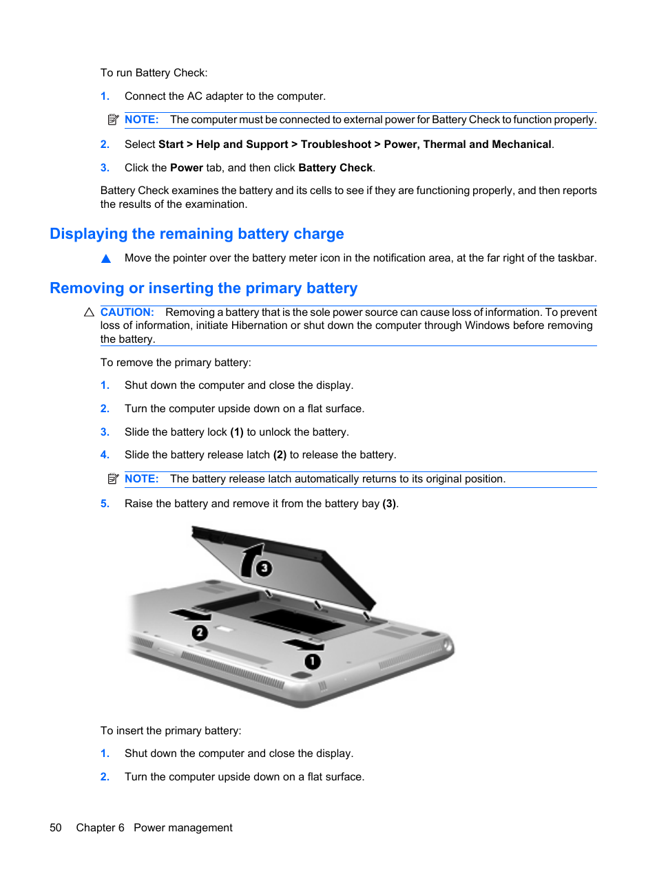 Displaying the remaining battery charge, Removing or inserting the primary battery | HP Envy 15-1002xx Notebook PC User Manual | Page 60 / 112