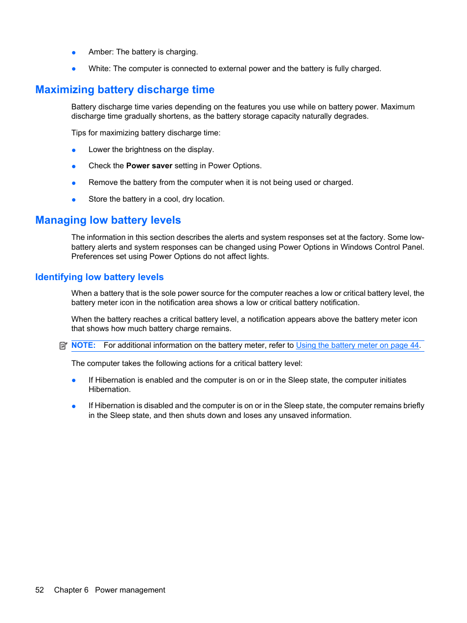 Maximizing battery discharge time, Managing low battery levels, Identifying low battery levels | HP Envy 15-1002xx Notebook PC User Manual | Page 62 / 112