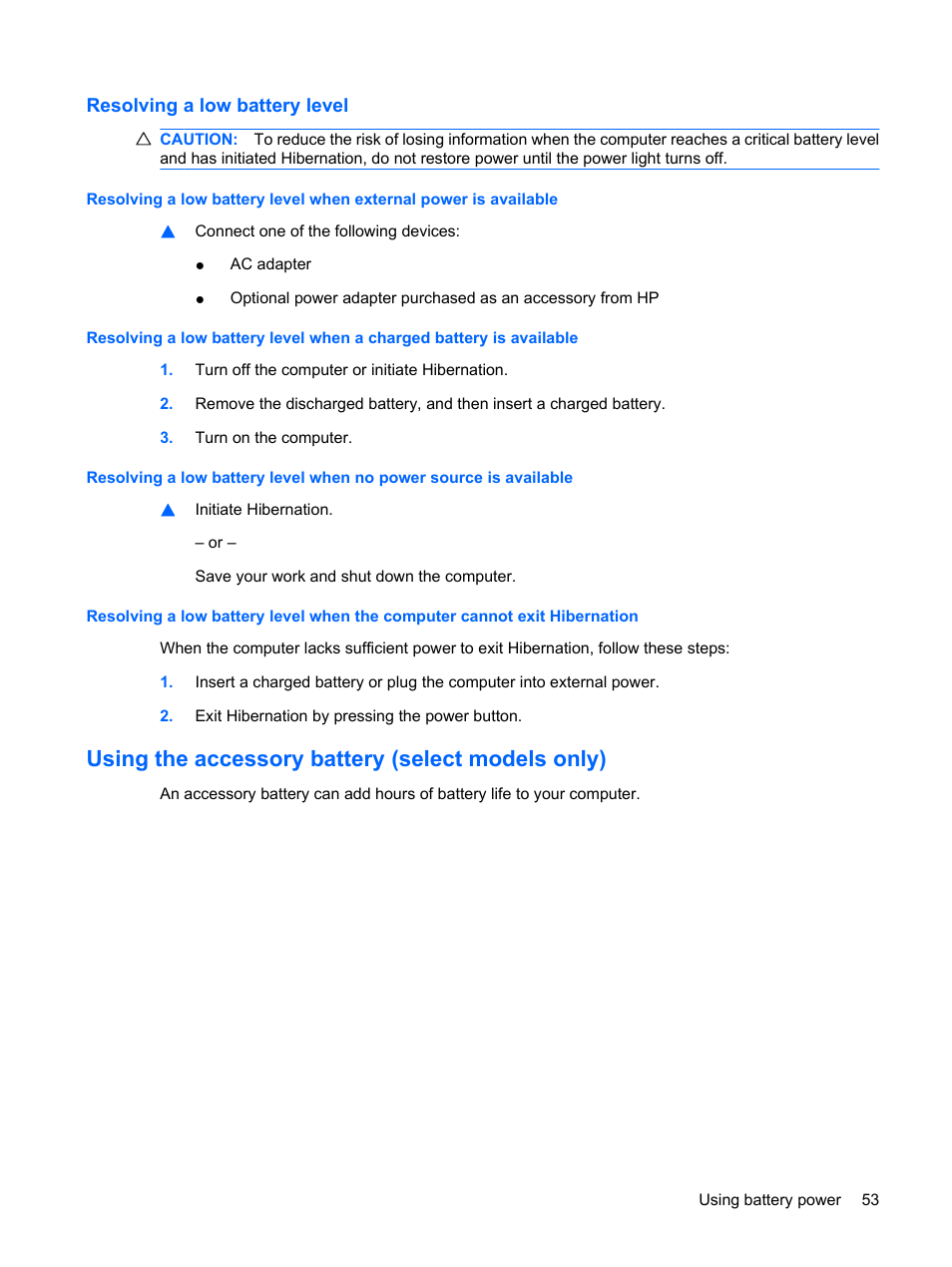 Resolving a low battery level, Using the accessory battery (select models only) | HP Envy 15-1002xx Notebook PC User Manual | Page 63 / 112