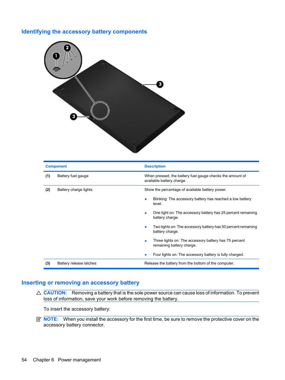 Identifying the accessory battery components, Inserting or removing an accessory battery | HP Envy 15-1002xx Notebook PC User Manual | Page 64 / 112