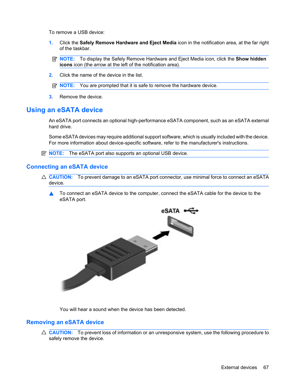 Using an esata device, Connecting an esata device, Removing an esata device | HP Envy 15-1002xx Notebook PC User Manual | Page 77 / 112