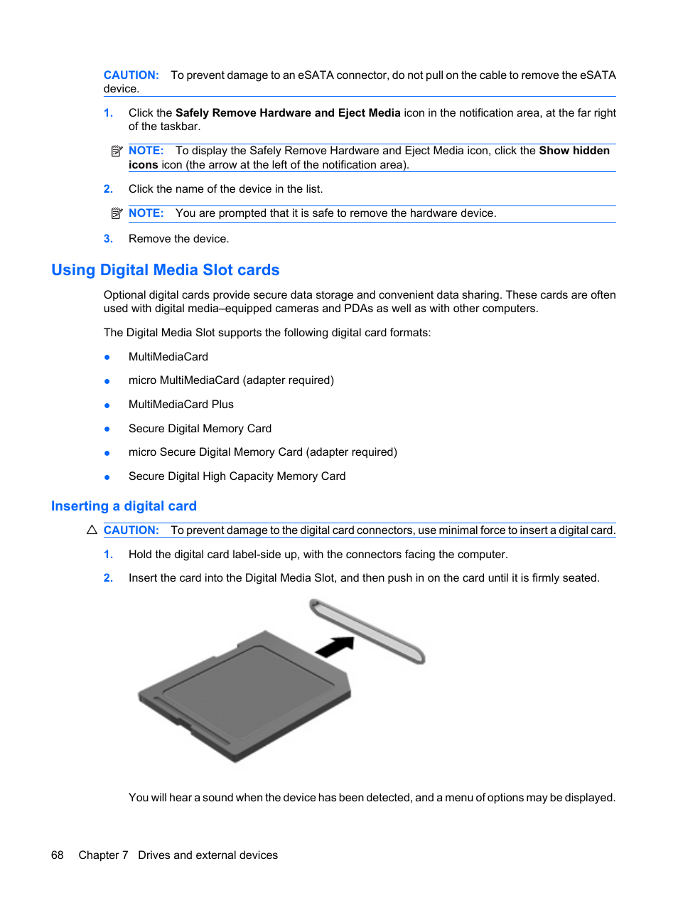 Using digital media slot cards, Inserting a digital card | HP Envy 15-1002xx Notebook PC User Manual | Page 78 / 112