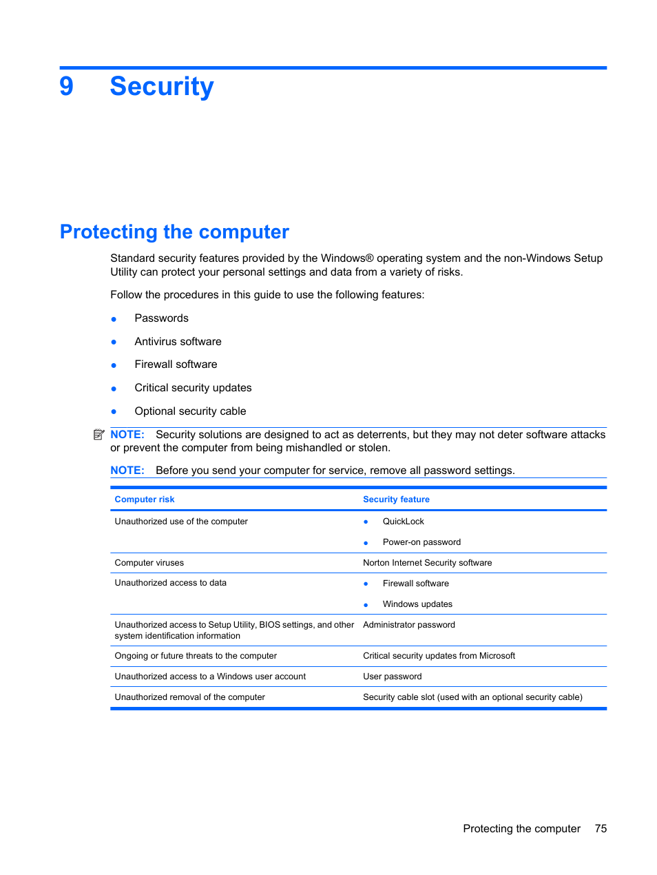 Security, Protecting the computer, 9 security | 9security | HP Envy 15-1002xx Notebook PC User Manual | Page 85 / 112