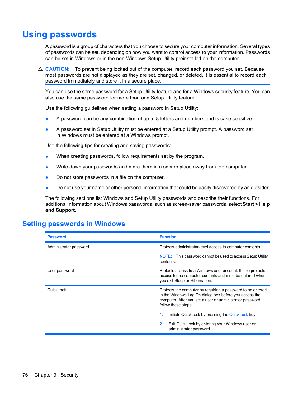 Using passwords, Setting passwords in windows | HP Envy 15-1002xx Notebook PC User Manual | Page 86 / 112