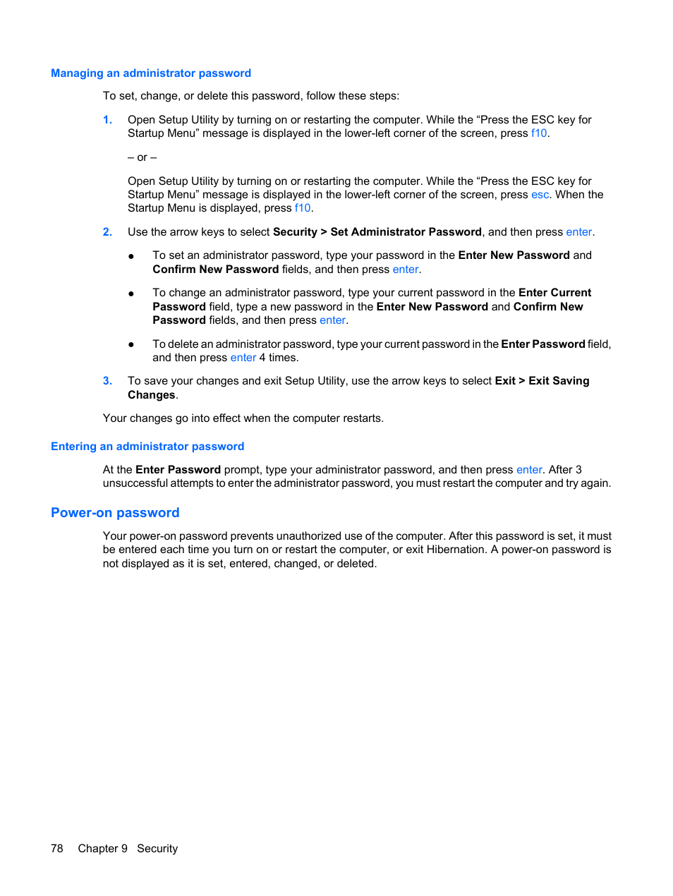 Managing an administrator password, Entering an administrator password, Power-on password | HP Envy 15-1002xx Notebook PC User Manual | Page 88 / 112