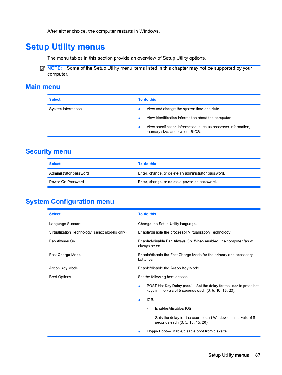 Setup utility menus, Main menu, Security menu | System configuration menu, Main menu security menu system configuration menu | HP Envy 15-1002xx Notebook PC User Manual | Page 97 / 112