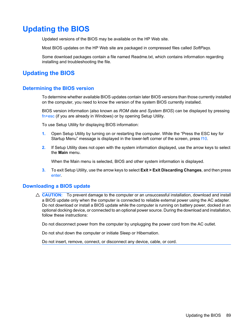 Updating the bios, Determining the bios version, Downloading a bios update | HP Envy 15-1002xx Notebook PC User Manual | Page 99 / 112