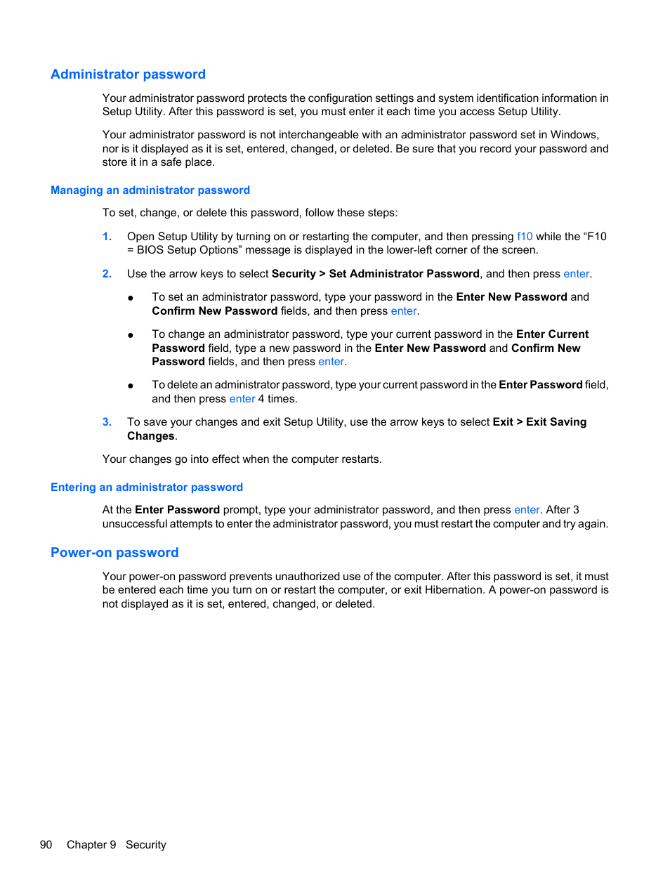 Administrator password, Managing an administrator password, Entering an administrator password | Power-on password | HP Compaq Presario CQ42-152TU Notebook PC User Manual | Page 100 / 124