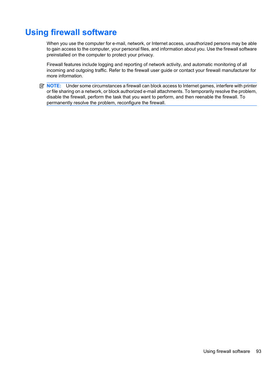 Using firewall software | HP Compaq Presario CQ42-152TU Notebook PC User Manual | Page 103 / 124