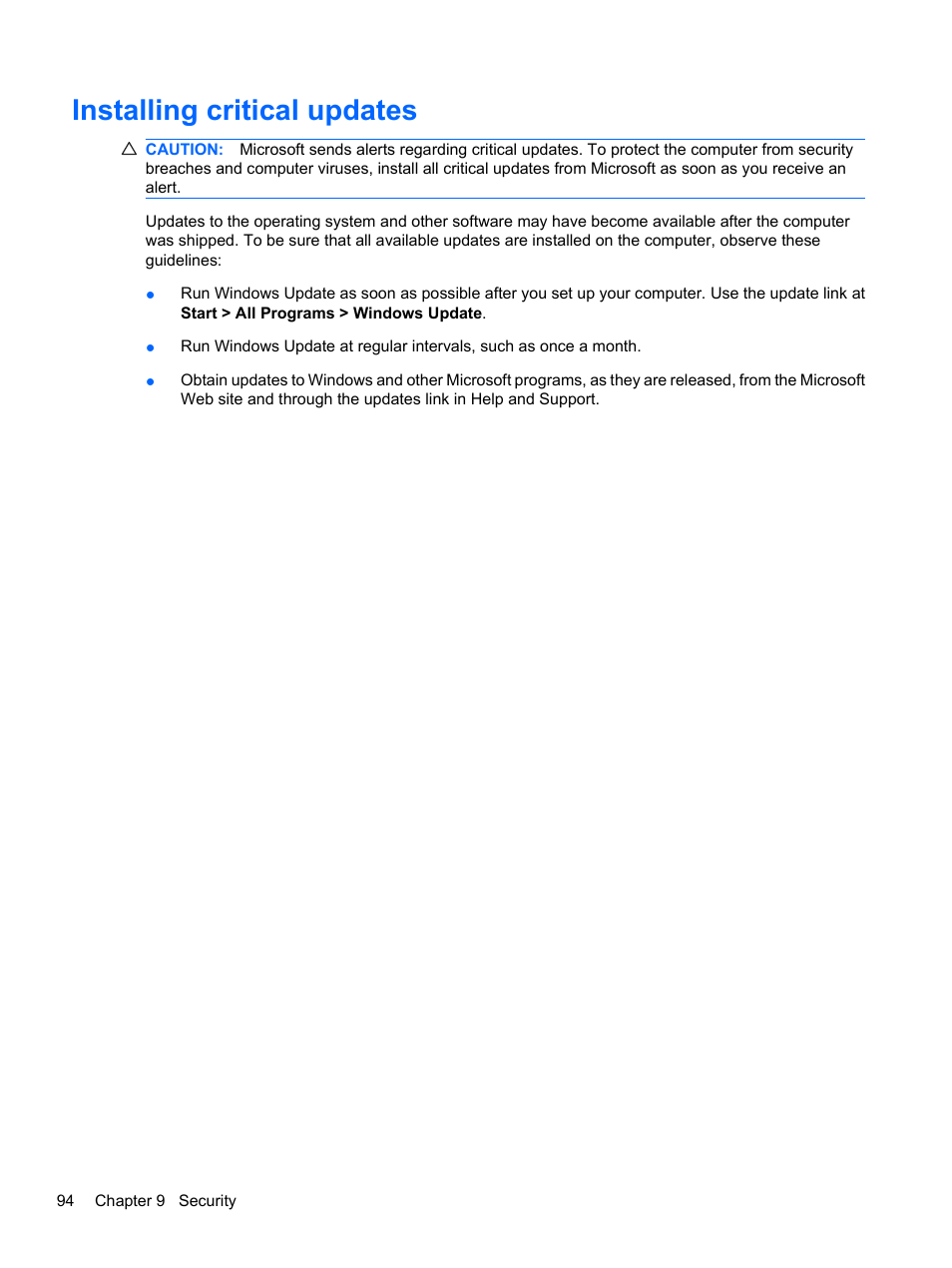 Installing critical updates | HP Compaq Presario CQ42-152TU Notebook PC User Manual | Page 104 / 124