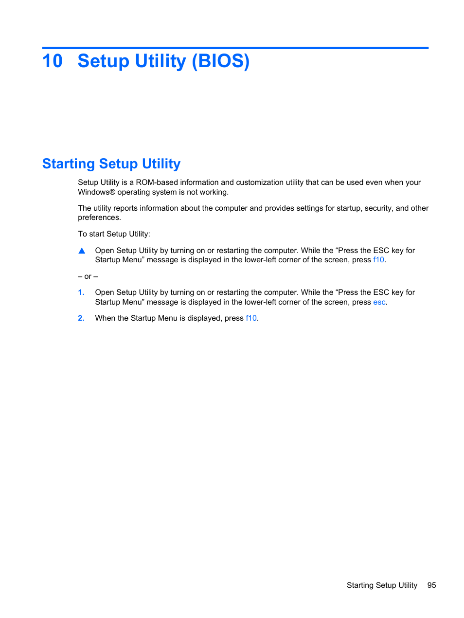 Setup utility (bios), Starting setup utility, 10 setup utility (bios) | HP Compaq Presario CQ42-152TU Notebook PC User Manual | Page 105 / 124