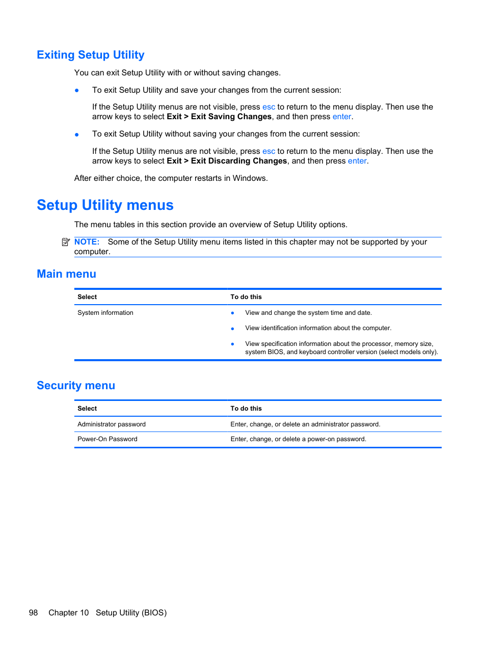 Exiting setup utility, Setup utility menus, Main menu | Security menu, Main menu security menu | HP Compaq Presario CQ42-152TU Notebook PC User Manual | Page 108 / 124