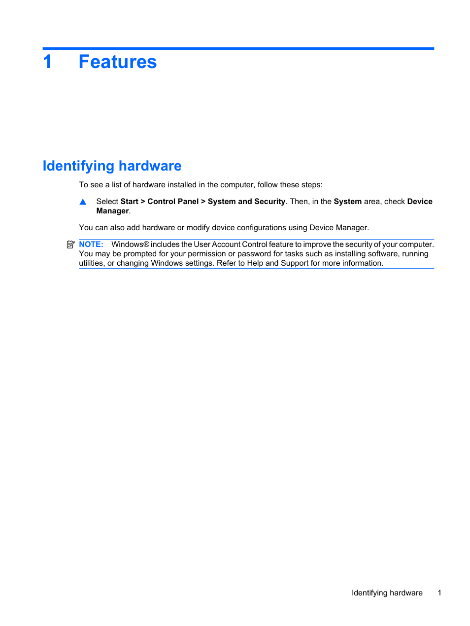 Features, Identifying hardware, 1 features | 1features | HP Compaq Presario CQ42-152TU Notebook PC User Manual | Page 11 / 124
