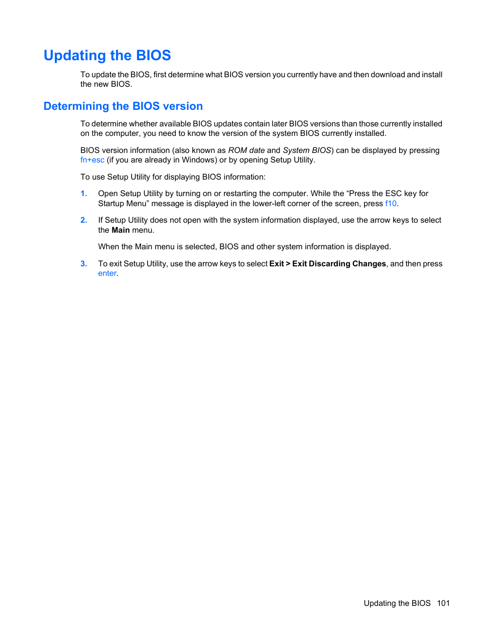 Updating the bios, Determining the bios version | HP Compaq Presario CQ42-152TU Notebook PC User Manual | Page 111 / 124