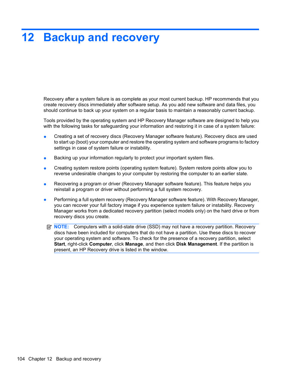 Backup and recovery, 12 backup and recovery | HP Compaq Presario CQ42-152TU Notebook PC User Manual | Page 114 / 124