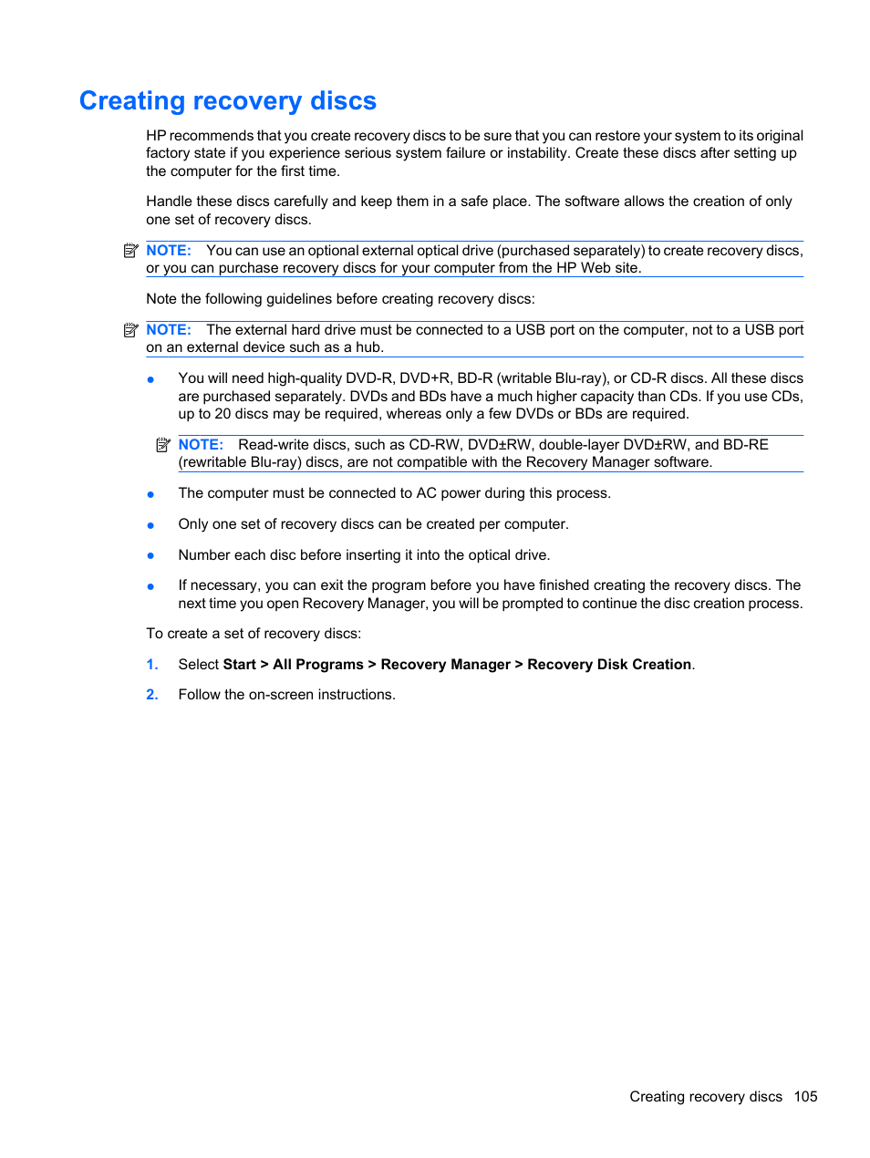 Creating recovery discs | HP Compaq Presario CQ42-152TU Notebook PC User Manual | Page 115 / 124