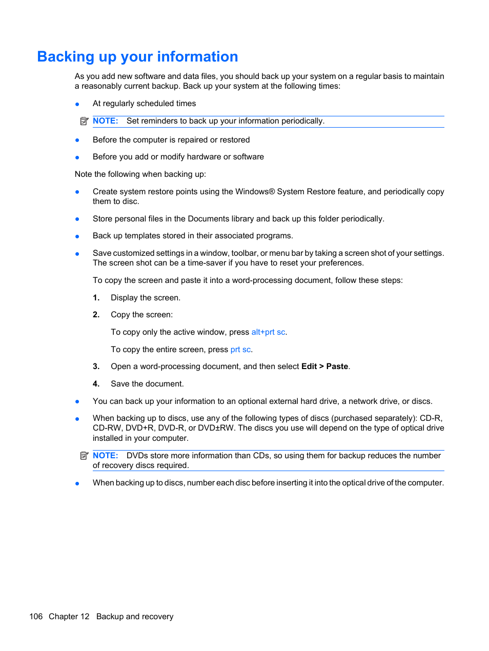 Backing up your information | HP Compaq Presario CQ42-152TU Notebook PC User Manual | Page 116 / 124