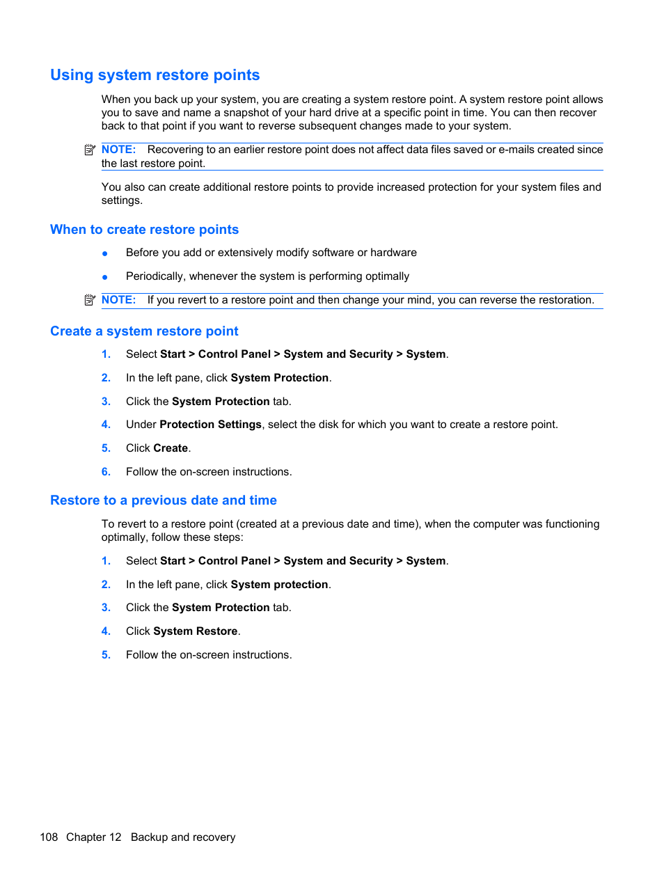 Using system restore points, When to create restore points, Create a system restore point | Restore to a previous date and time | HP Compaq Presario CQ42-152TU Notebook PC User Manual | Page 118 / 124