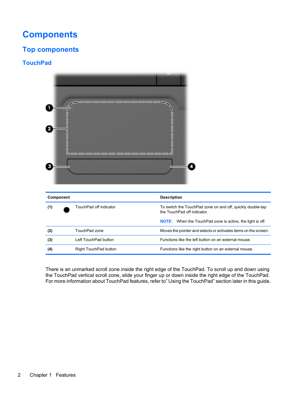 Components, Top components, Touchpad | HP Compaq Presario CQ42-152TU Notebook PC User Manual | Page 12 / 124