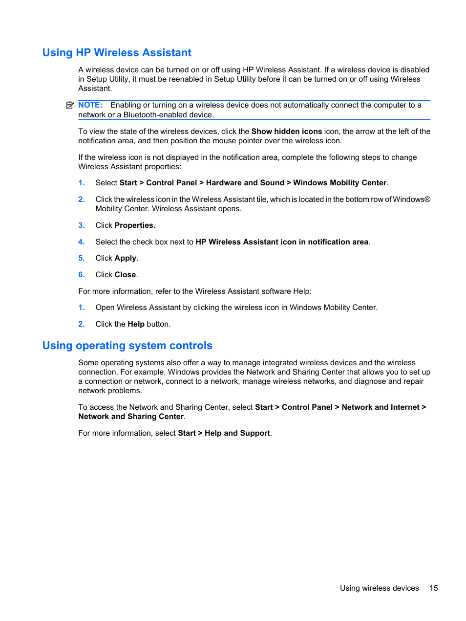 Using hp wireless assistant, Using operating system controls | HP Compaq Presario CQ42-152TU Notebook PC User Manual | Page 25 / 124