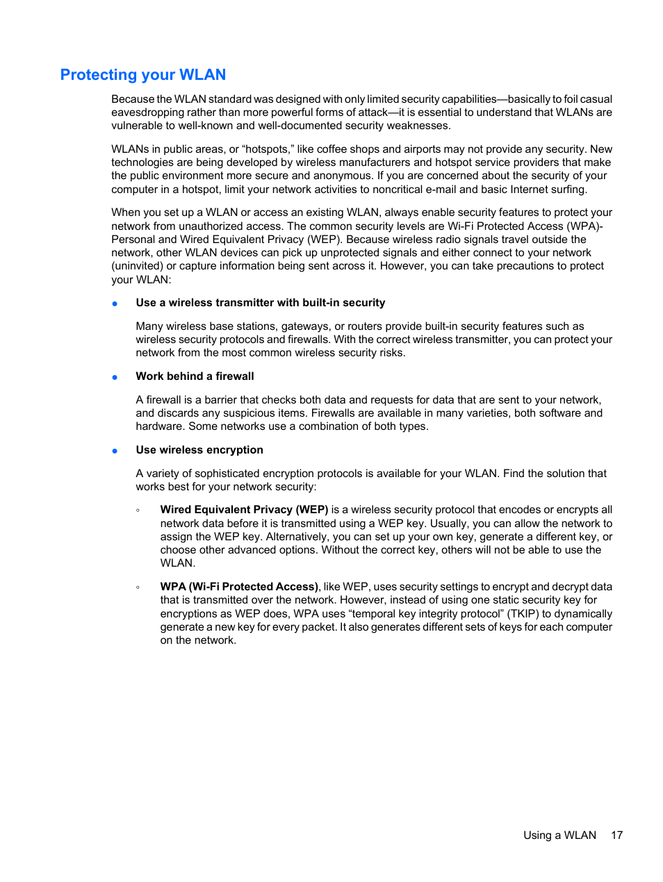 Protecting your wlan | HP Compaq Presario CQ42-152TU Notebook PC User Manual | Page 27 / 124