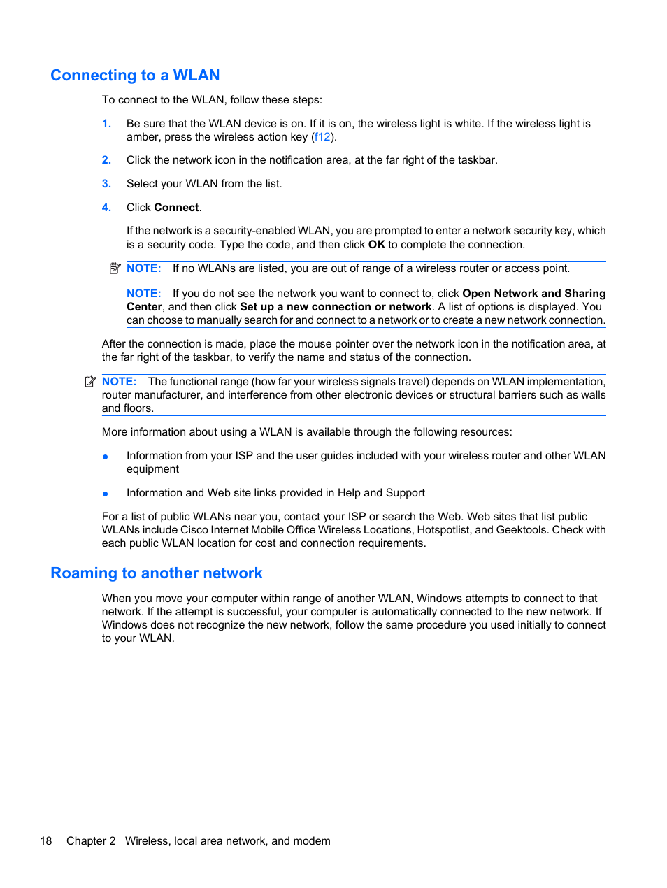 Connecting to a wlan, Roaming to another network, Connecting to a wlan roaming to another network | HP Compaq Presario CQ42-152TU Notebook PC User Manual | Page 28 / 124