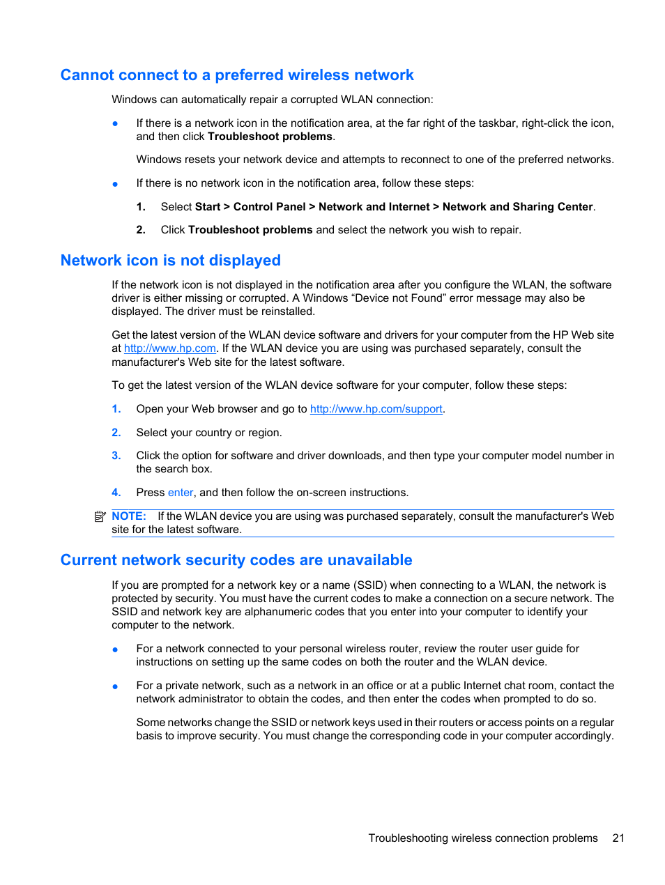 Cannot connect to a preferred wireless network, Network icon is not displayed, Current network security codes are unavailable | HP Compaq Presario CQ42-152TU Notebook PC User Manual | Page 31 / 124
