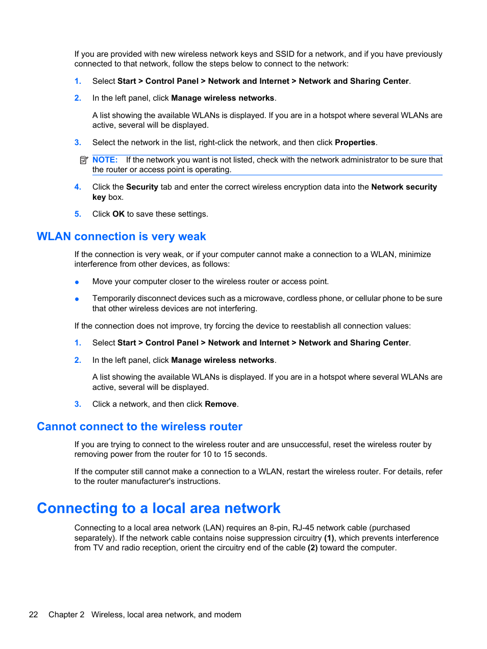 Wlan connection is very weak, Cannot connect to the wireless router, Connecting to a local area network | HP Compaq Presario CQ42-152TU Notebook PC User Manual | Page 32 / 124