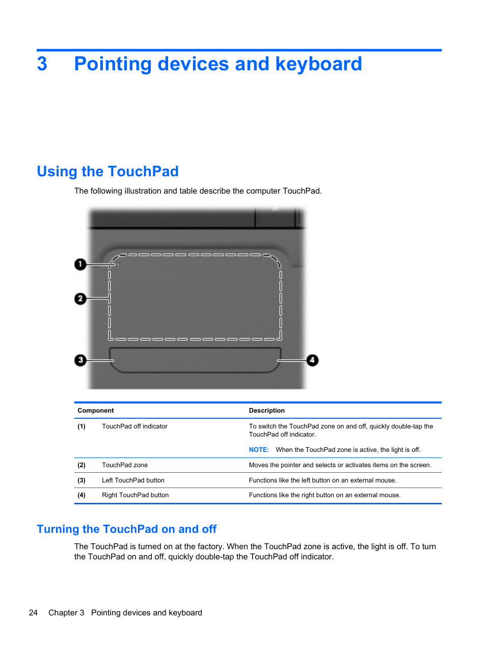 Pointing devices and keyboard, Using the touchpad, Turning the touchpad on and off | 3 pointing devices and keyboard, 3pointing devices and keyboard | HP Compaq Presario CQ42-152TU Notebook PC User Manual | Page 34 / 124