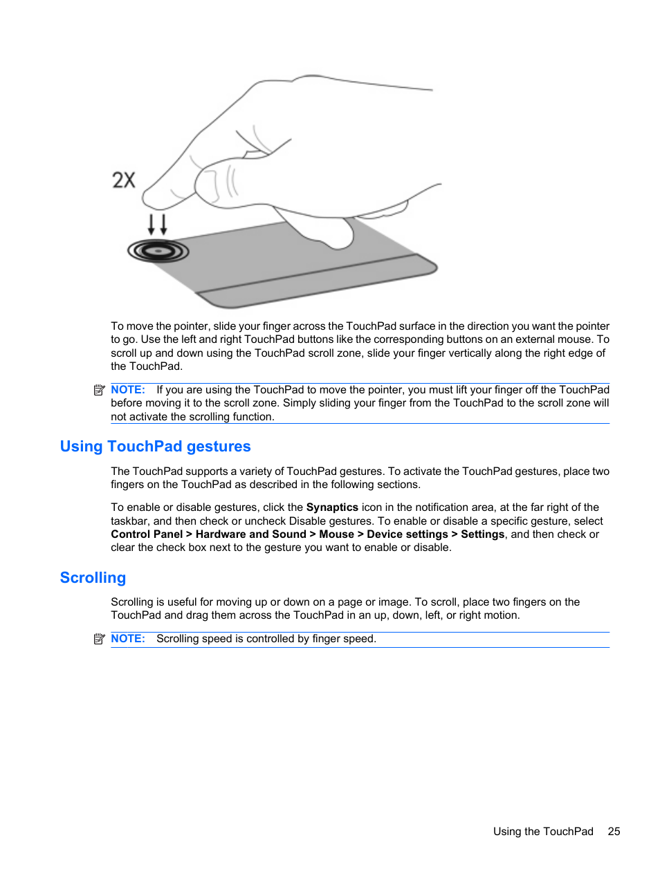 Using touchpad gestures, Scrolling, Using touchpad gestures scrolling | HP Compaq Presario CQ42-152TU Notebook PC User Manual | Page 35 / 124