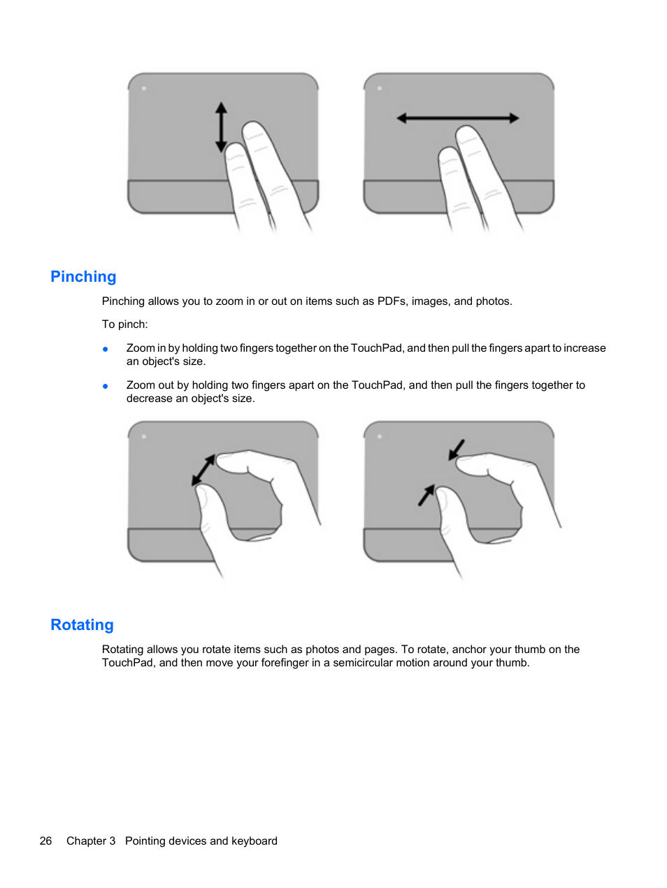 Pinching, Rotating, Pinching rotating | HP Compaq Presario CQ42-152TU Notebook PC User Manual | Page 36 / 124