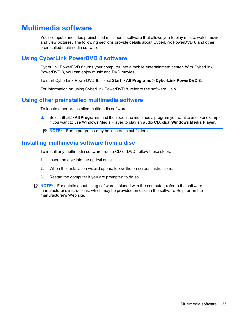 Multimedia software, Using cyberlink powerdvd 8 software, Using other preinstalled multimedia software | Installing multimedia software from a disc | HP Compaq Presario CQ42-152TU Notebook PC User Manual | Page 45 / 124