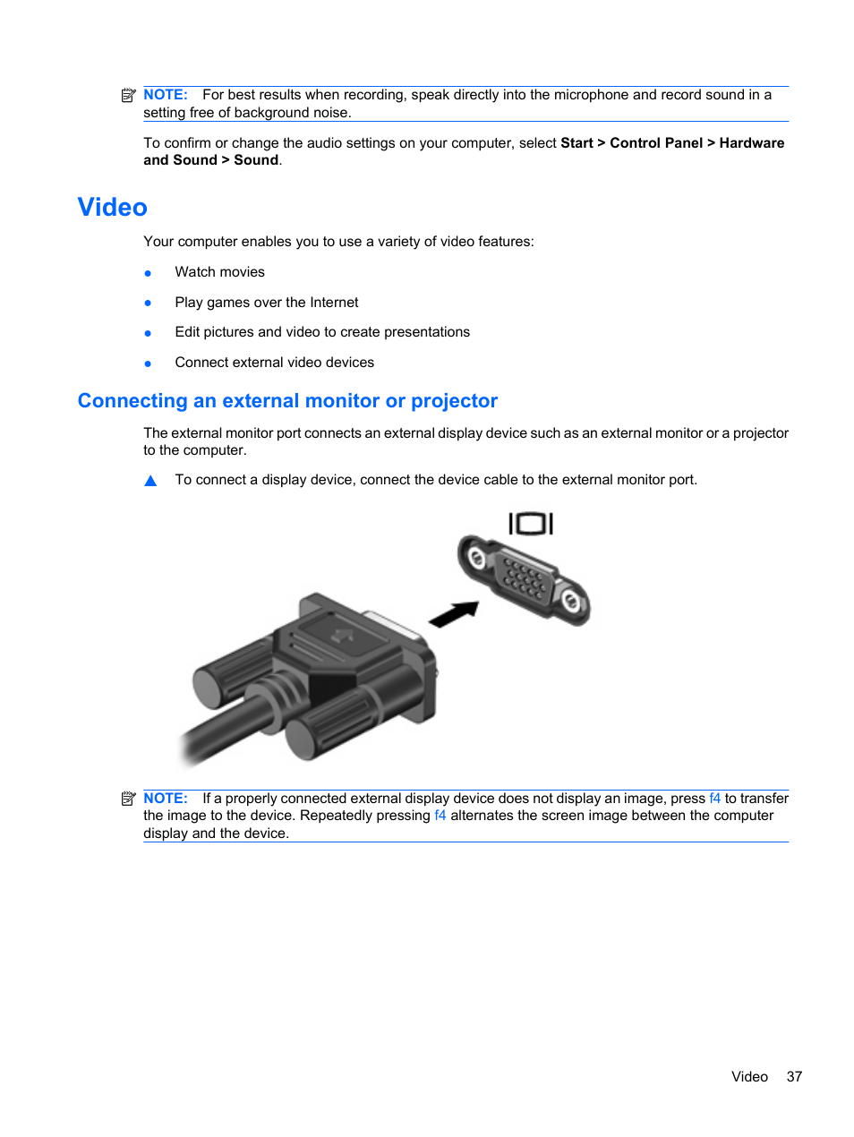 Video, Connecting an external monitor or projector | HP Compaq Presario CQ42-152TU Notebook PC User Manual | Page 47 / 124