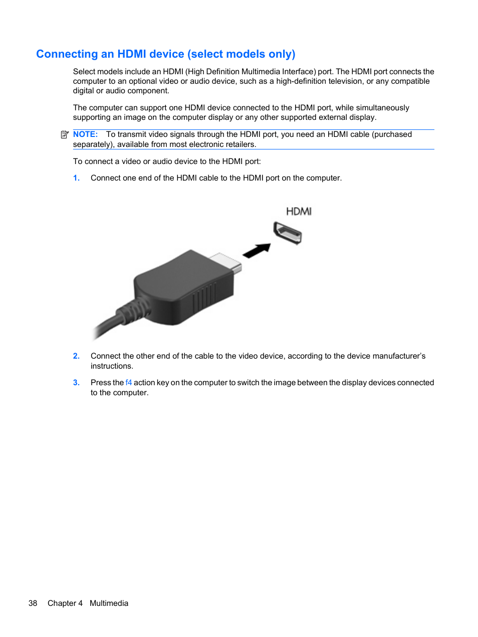 Connecting an hdmi device (select models only) | HP Compaq Presario CQ42-152TU Notebook PC User Manual | Page 48 / 124