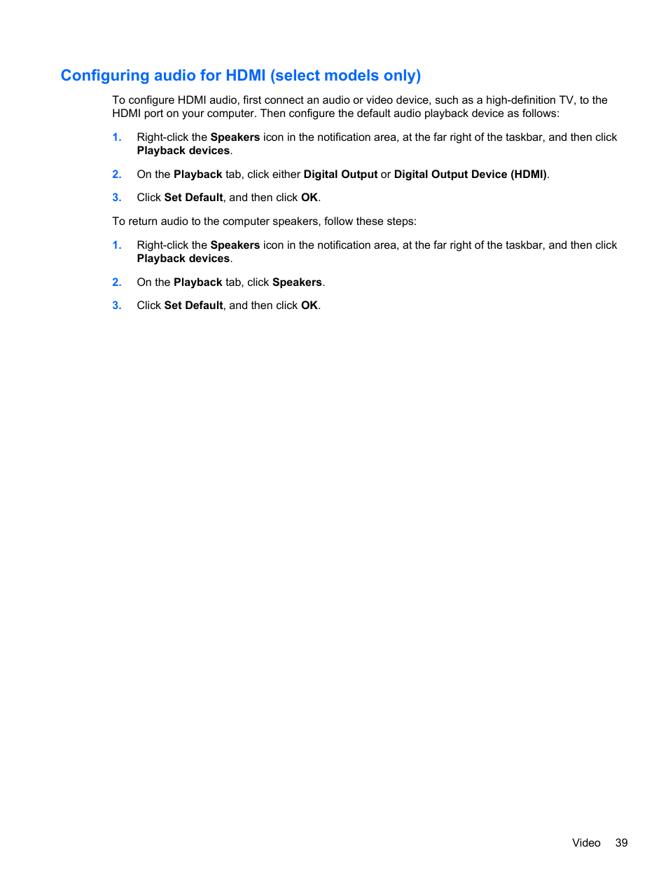 Configuring audio for hdmi (select models only) | HP Compaq Presario CQ42-152TU Notebook PC User Manual | Page 49 / 124