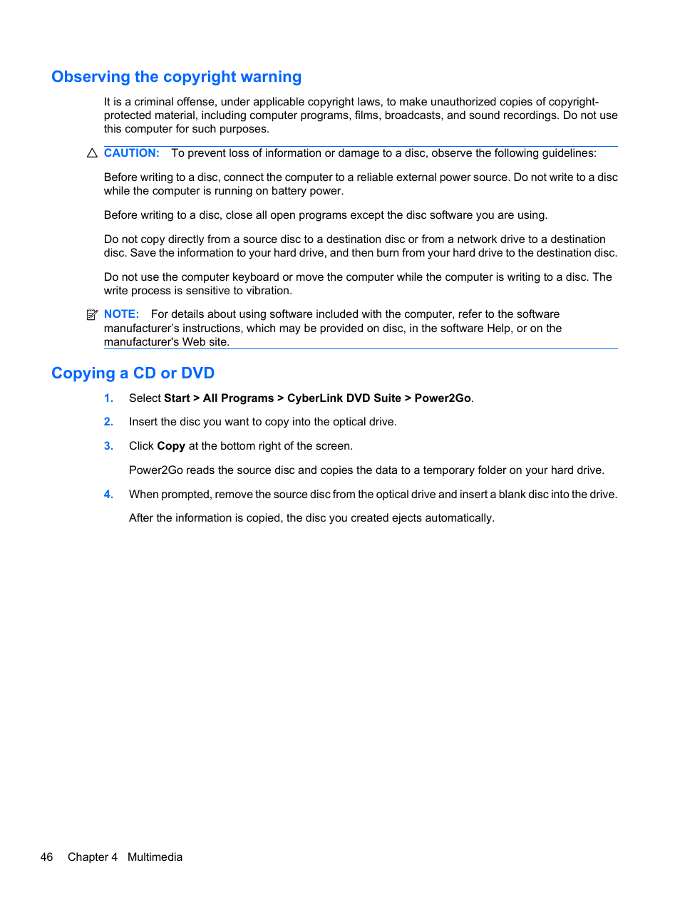 Observing the copyright warning, Copying a cd or dvd | HP Compaq Presario CQ42-152TU Notebook PC User Manual | Page 56 / 124