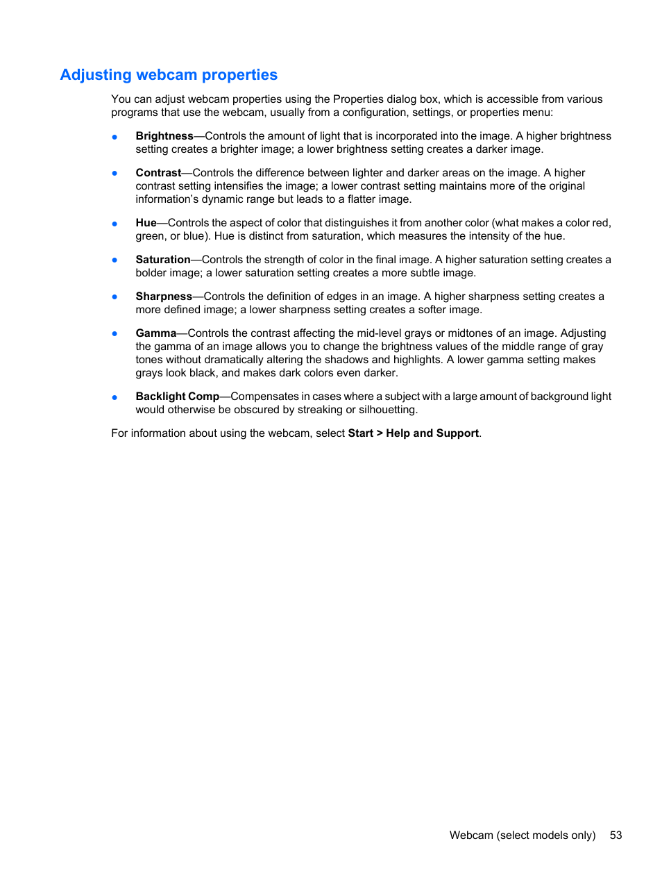 Adjusting webcam properties | HP Compaq Presario CQ42-152TU Notebook PC User Manual | Page 63 / 124