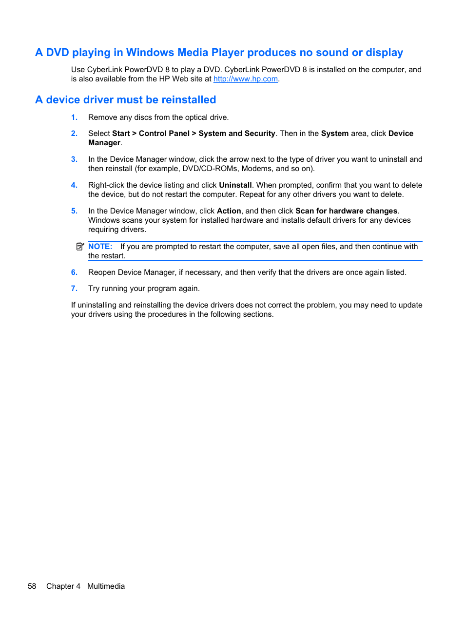 A device driver must be reinstalled | HP Compaq Presario CQ42-152TU Notebook PC User Manual | Page 68 / 124