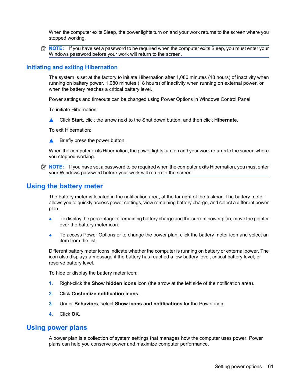 Initiating and exiting hibernation, Using the battery meter, Using power plans | Using the battery meter using power plans | HP Compaq Presario CQ42-152TU Notebook PC User Manual | Page 71 / 124