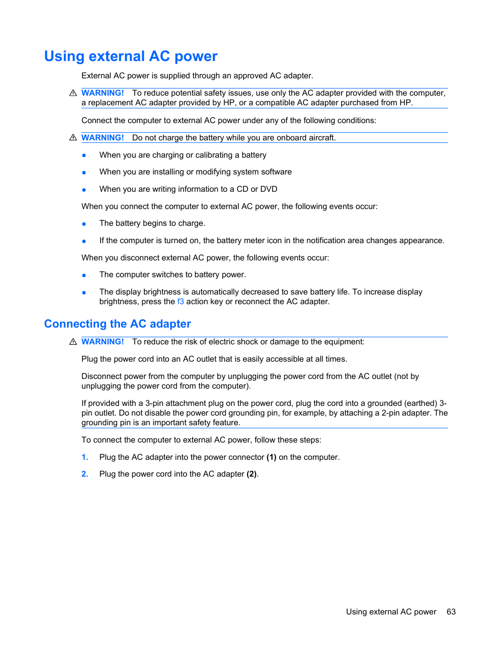 Using external ac power, Connecting the ac adapter | HP Compaq Presario CQ42-152TU Notebook PC User Manual | Page 73 / 124