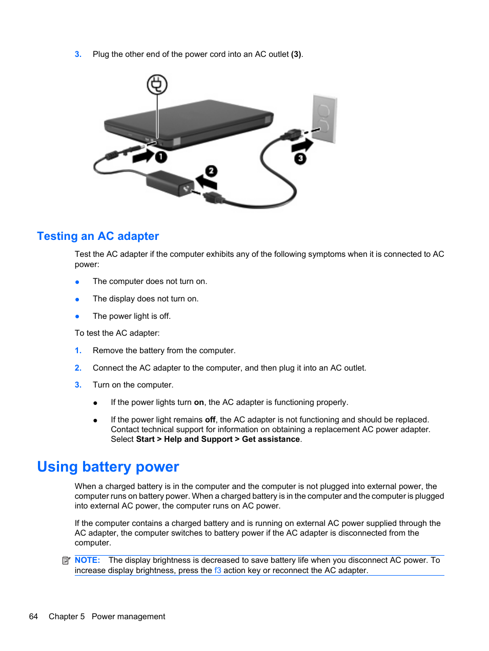 Testing an ac adapter, Using battery power | HP Compaq Presario CQ42-152TU Notebook PC User Manual | Page 74 / 124