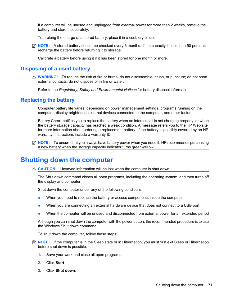 Disposing of a used battery, Replacing the battery, Shutting down the computer | Disposing of a used battery replacing the battery | HP Compaq Presario CQ42-152TU Notebook PC User Manual | Page 81 / 124