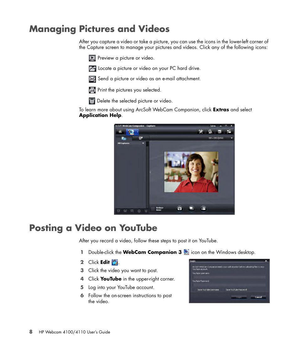 Managing pictures and videos, Posting a video on youtube | HP HD-4110 Webcam User Manual | Page 12 / 22