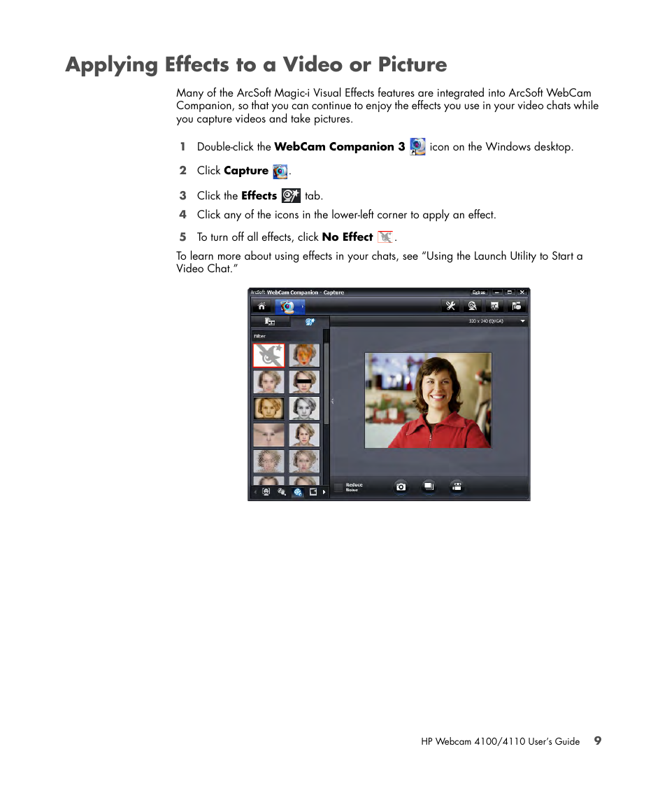 Applying effects to a video or picture | HP HD-4110 Webcam User Manual | Page 13 / 22