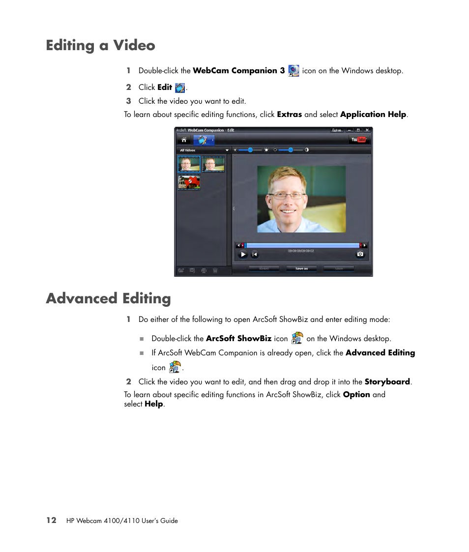 Editing a video, Advanced editing, Editing a video advanced editing | HP HD-4110 Webcam User Manual | Page 16 / 22